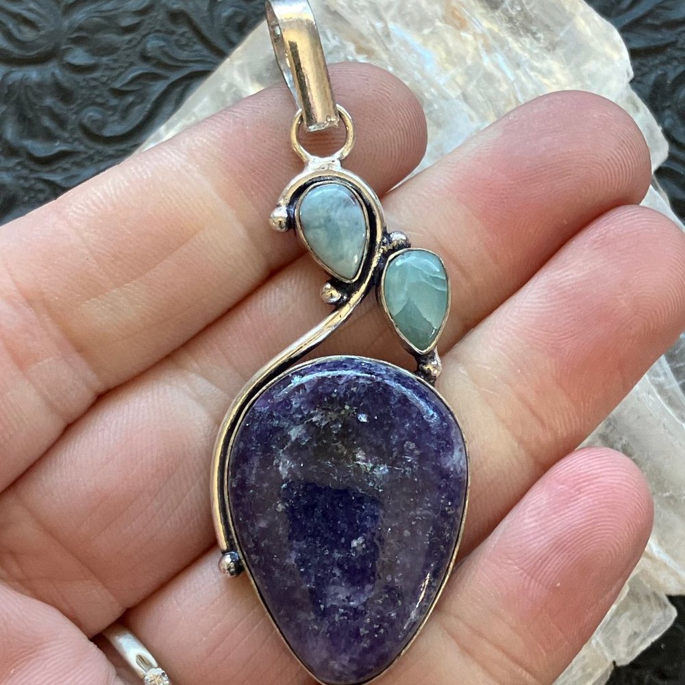 Lepidolite and Larimar Stone Crystal Jewelry Pendant